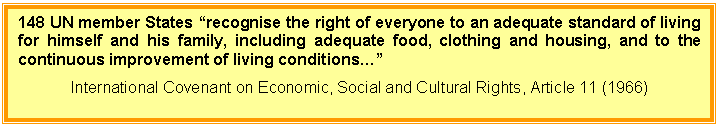 Text Box: 148 UN member States �recognise the right of everyone to an adequate standard of living for himself and his family, including adequate food, clothing and housing, and to the continuous improvement of living conditions�� 
International Covenant on Economic, Social and Cultural Rights, Article 11 (1966)
